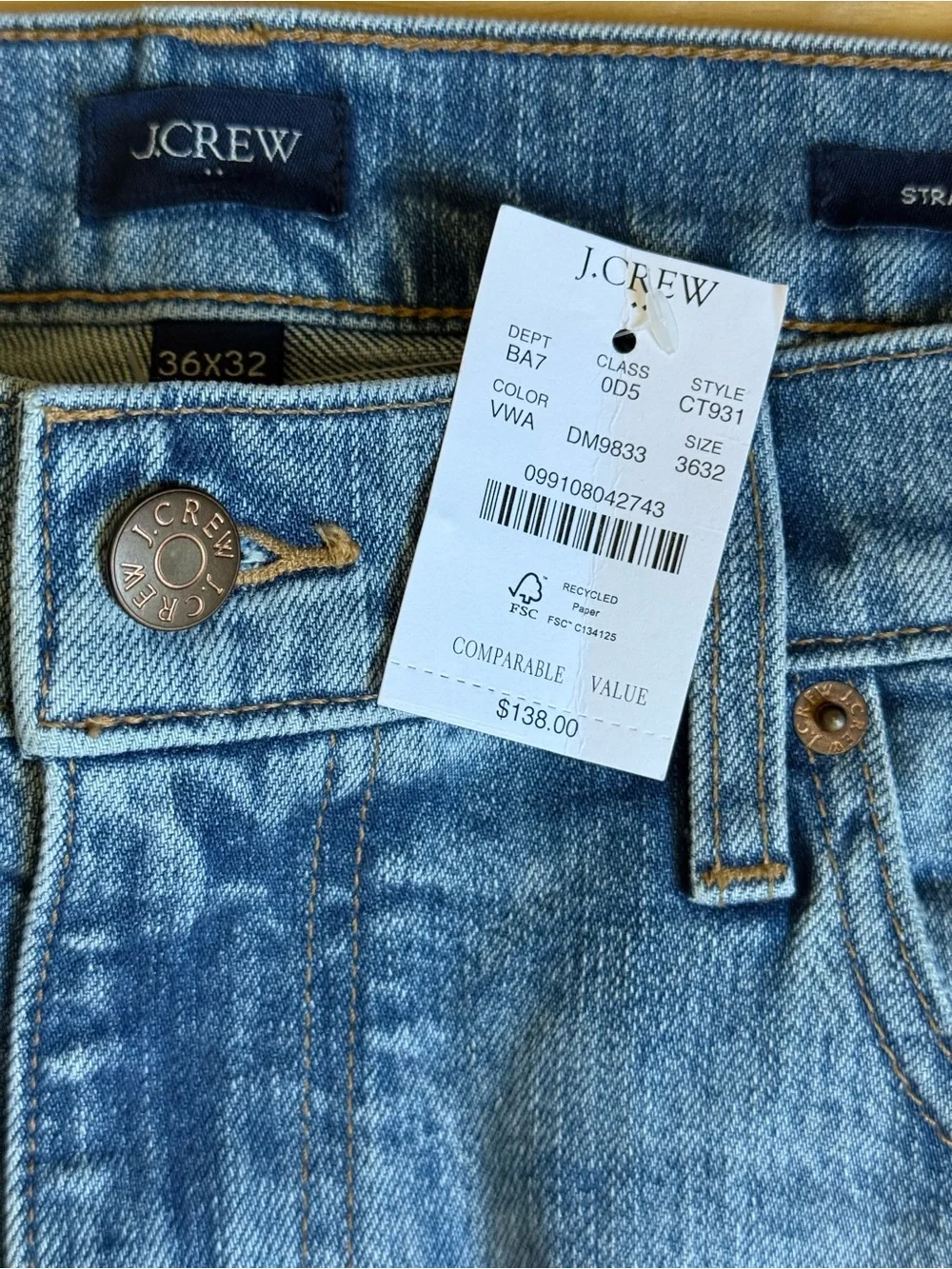 J. Crew Men’s Straight-fit Jean in Vintage Stretch  - CT931 - 36x32 - NWT
